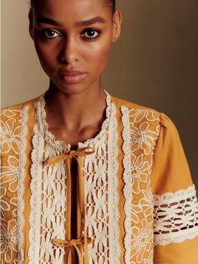 Sezane Mustard Top with Cream Crochet Trim